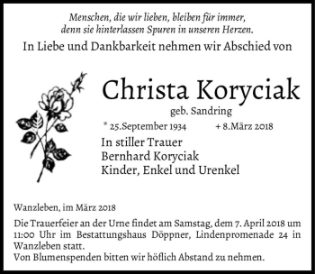 Traueranzeige von Christa Koryciak (geb. Sandring)  von Magdeburger Volksstimme