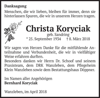 Traueranzeige von Christa Koryciak (geb. Sandring)  von Magdeburger Volksstimme