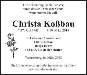 Traueranzeige von Christa Koßbau  von Magdeburger Volksstimme