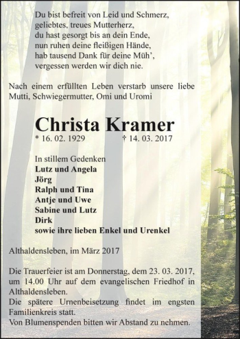 Traueranzeige von Christa Kramer  von Magdeburger Volksstimme