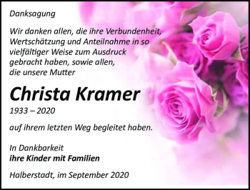 Traueranzeige von Christa Kramer  von Magdeburger Volksstimme