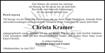 Traueranzeige von Christa Kramer  von Magdeburger Volksstimme
