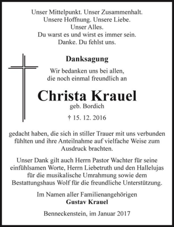 Traueranzeige von Christa Krauel (geb. Bordich)  von Magdeburger Volksstimme