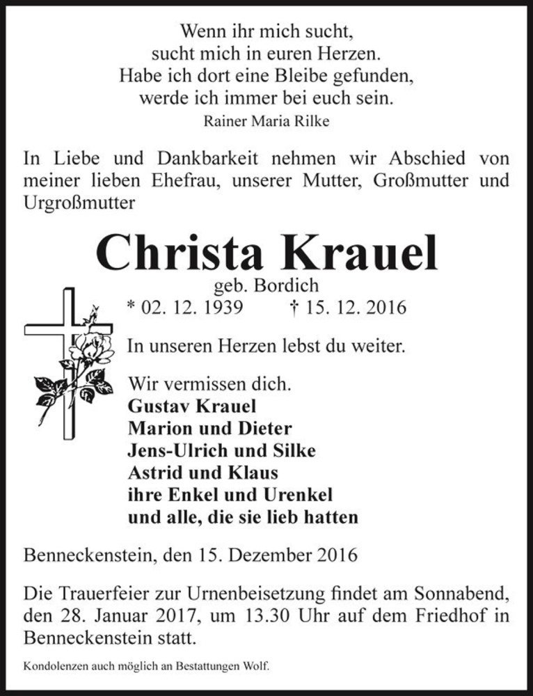  Traueranzeige für Christa Krauel (geb. Bordich)  vom 24.12.2016 aus Magdeburger Volksstimme