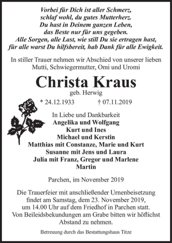 Traueranzeige von Christa Kraus (geb. Herwig)  von Magdeburger Volksstimme