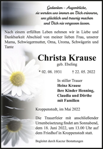 Traueranzeige von Christa Krause (geb. Ebeling)  von Magdeburger Volksstimme