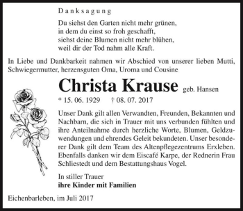 Traueranzeige von Christa Krause (geb. Hansen)  von Magdeburger Volksstimme