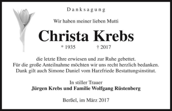 Traueranzeige von Christa Krebs  von Magdeburger Volksstimme