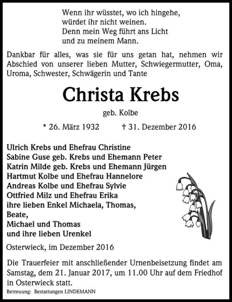 Traueranzeige für Christa Krebs (geb. Kolbe)  vom 07.01.2017 aus Magdeburger Volksstimme