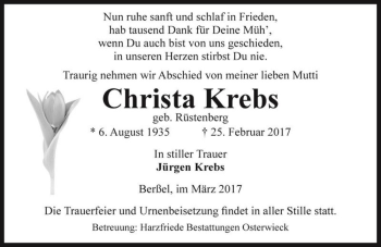 Traueranzeige von Christa Krebs (geb. Rüstenberg)  von Magdeburger Volksstimme