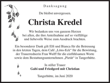 Traueranzeige von Christa Kredel  von Magdeburger Volksstimme