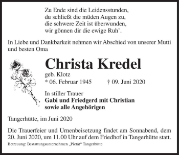 Traueranzeige von Christa Kredel (geb. Klotz)  von Magdeburger Volksstimme
