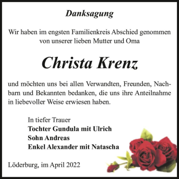 Traueranzeige von Christa Krenz  von Magdeburger Volksstimme