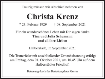 Traueranzeige von Christa Krenz  von Magdeburger Volksstimme