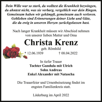 Traueranzeige von Christa Krenz (geb. Römhild)  von Magdeburger Volksstimme