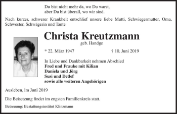 Traueranzeige von Christa Kreutzmann (geb. Handge)  von Magdeburger Volksstimme