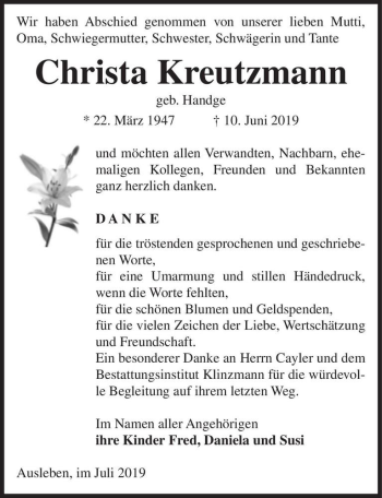 Traueranzeige von Christa Kreutzmann (geb. Handge)  von Magdeburger Volksstimme
