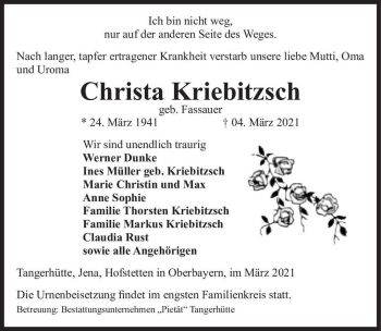 Traueranzeige von Christa Kriebitzsch (geb. Fassauer)  von Magdeburger Volksstimme