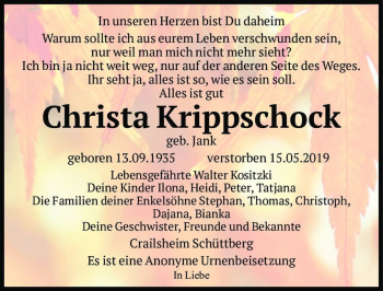 Traueranzeige von Christa Krippschock (geb. Jank)  von Magdeburger Volksstimme