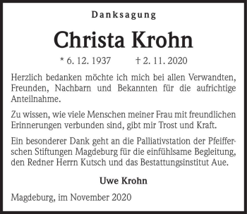 Traueranzeige von Christa Krohn  von Magdeburger Volksstimme