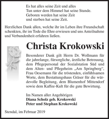 Traueranzeige von Christa Krokowski  von Magdeburger Volksstimme