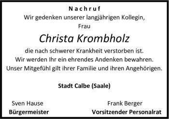 Traueranzeige von Christa Krombholz  von Magdeburger Volksstimme
