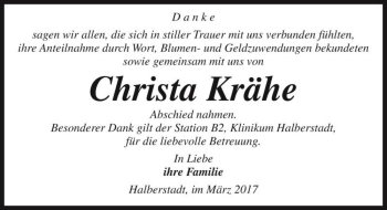 Traueranzeige von Christa Krähe  von Magdeburger Volksstimme