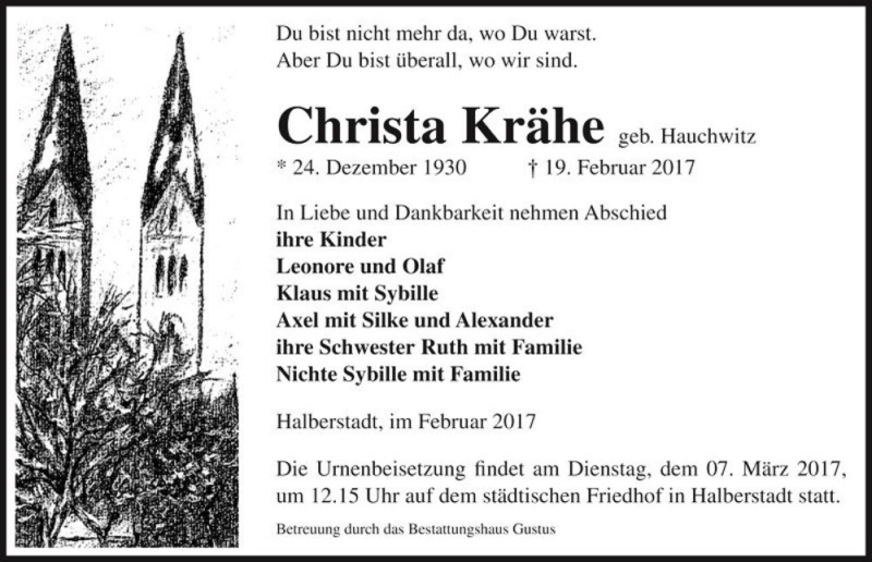  Traueranzeige für Christa Krähe (geb. Hauchwitz)  vom 25.02.2017 aus Magdeburger Volksstimme