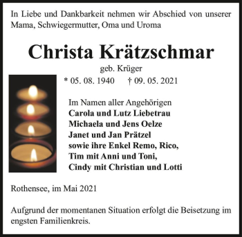 Traueranzeige von Christa Krätzschmar (geb. Krüger)  von Magdeburger Volksstimme