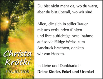 Traueranzeige von Christa Krötki  von Magdeburger Volksstimme