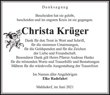 Traueranzeige von Christa Krüger  von Magdeburger Volksstimme
