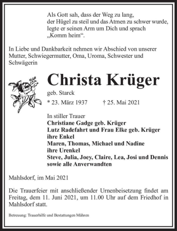 Traueranzeige von Christa Krüger (geb. Starck)  von Magdeburger Volksstimme