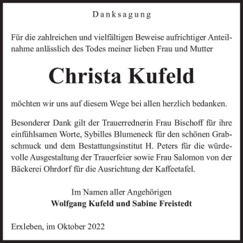 Traueranzeige von Christa Kufeld  von Magdeburger Volksstimme