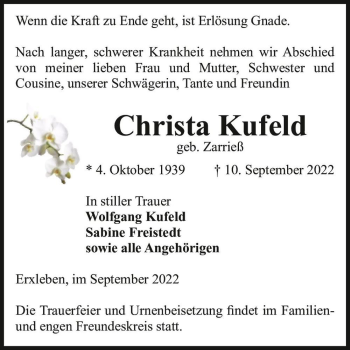 Traueranzeige von Christa Kufeld (geb. Zarrieß)  von Magdeburger Volksstimme