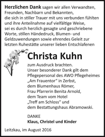 Traueranzeige von Christa Kuhn  von Magdeburger Volksstimme