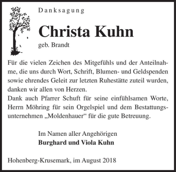 Traueranzeige von Christa Kuhn (geb. Brandt)  von Magdeburger Volksstimme