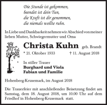Traueranzeige von Christa Kuhn (geb. Brandt)  von Magdeburger Volksstimme