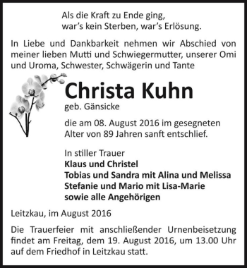 Traueranzeige von Christa Kuhn (geb. Gänsicke)  von Magdeburger Volksstimme