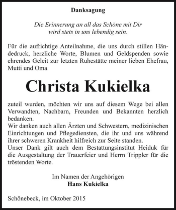 Traueranzeige von Christa Kukielka  von Magdeburger Volksstimme