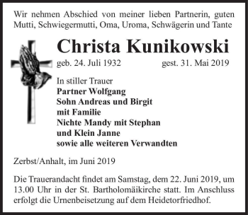 Traueranzeige von Christa Kunikowski  von Magdeburger Volksstimme