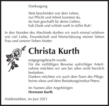 Traueranzeige von Christa Kurth  von Magdeburger Volksstimme