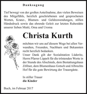 Traueranzeige von Christa Kurth  von Magdeburger Volksstimme