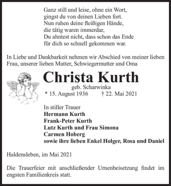 Traueranzeige von Christa Kurth (geb. Scharwinka)  von Magdeburger Volksstimme