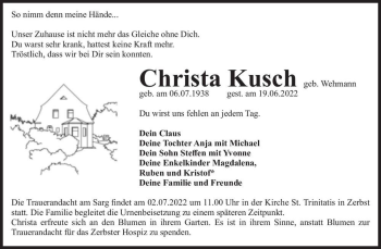 Traueranzeige von Christa Kusch (geb. Wehmann)  von Magdeburger Volksstimme