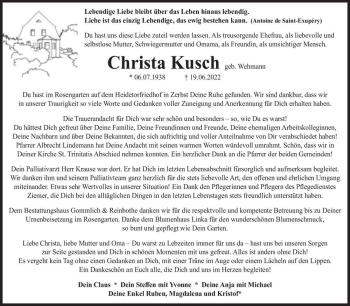 Traueranzeige von Christa Kusch (geb. Wehmann)  von Magdeburger Volksstimme