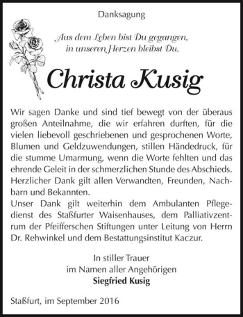 Traueranzeige von Christa Kusig  von Magdeburger Volksstimme