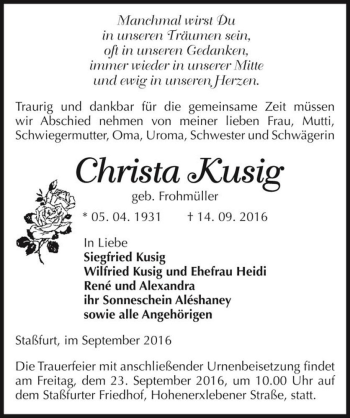 Traueranzeige von Christa Kusig (geb. Frohmüller)  von Magdeburger Volksstimme