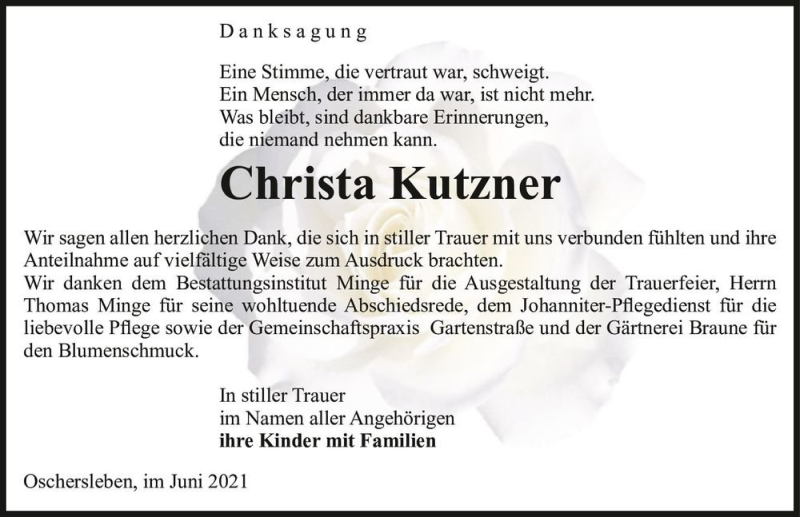  Traueranzeige für Christa Kutzner  vom 19.06.2021 aus Magdeburger Volksstimme