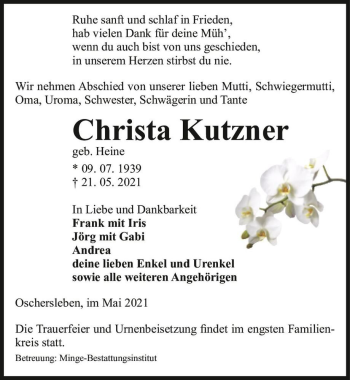 Traueranzeige von Christa Kutzner (geb. Heine)  von Magdeburger Volksstimme