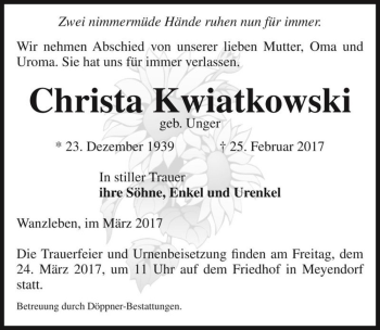 Traueranzeige von Christa Kwiatkowski (geb. Unger)  von Magdeburger Volksstimme